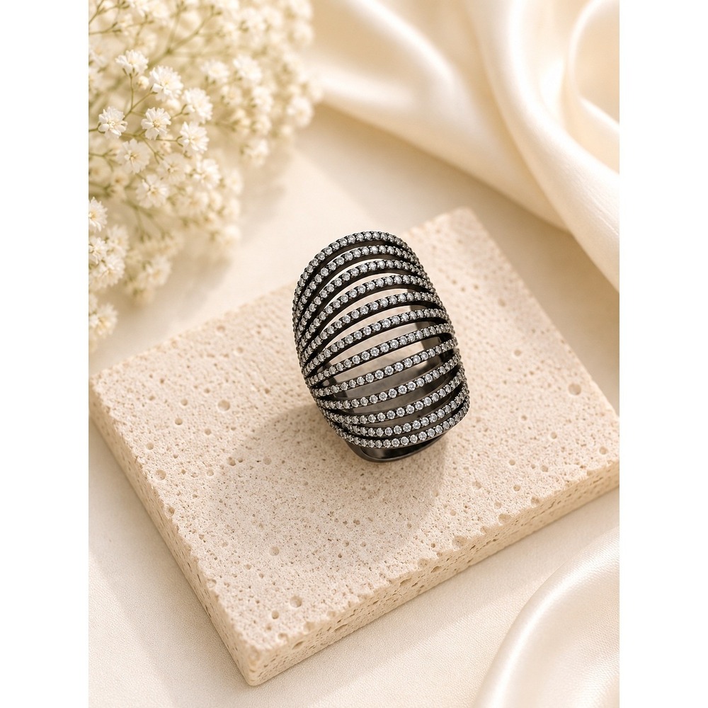 Gunmetal Pave Crystal Cage Statement Ring Tiered Multi Band Size 8